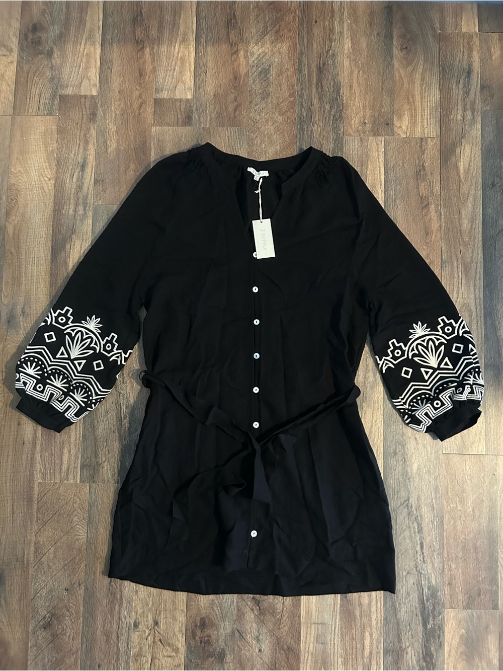 Z Supply Linen Black Tie-waist Dress with Embroidered Sleeves
